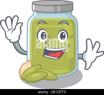 Waving friendly pumpkin seed butter mascot design style Stock Vector