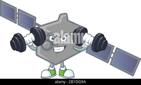 Satellite network mascot icon on fitness exercise trying barbells Stock Vector
