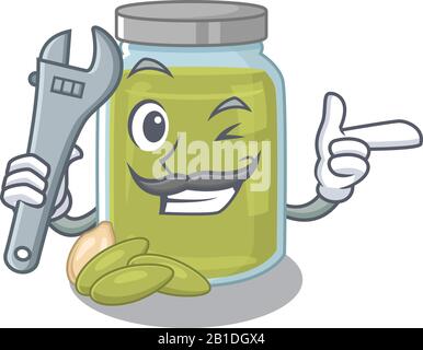 Smart Mechanic pumpkin seed butter cartoon character design Stock Vector