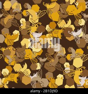 seamless pattern with honeycomb and bees on a brown background. Vector image Stock Vector