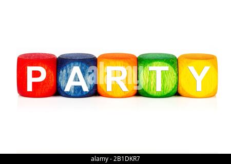 term party - built from colored wooden cubes on white background, isolated Stock Photo