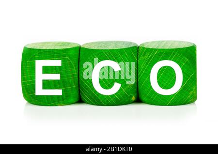 term eco - built from green wooden cubes on white background, isolated Stock Photo