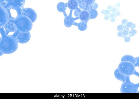 Blue molecules flying in the space solated on white background. Abstract medical or scientific 3d illustration with copyspace for your text or Stock Photo
