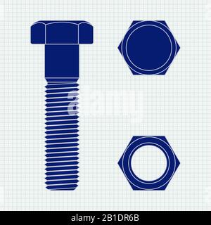 Screw. Screw head and nut on lined paper background Stock Vector