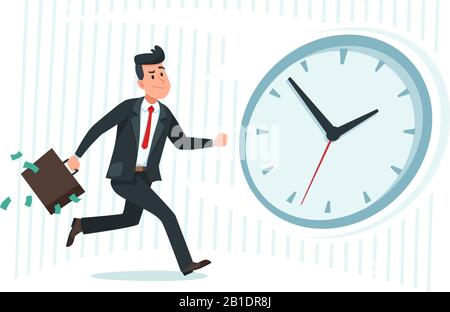 Businessman against time. Busy business worker catching up watch clock, running man and late cartoon vector illustration Stock Vector
