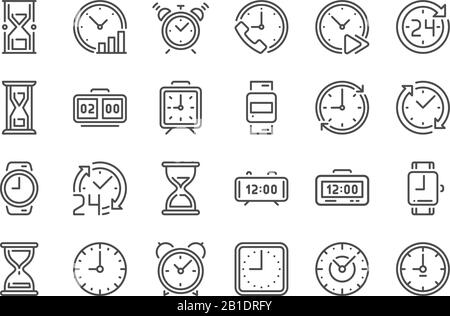 Outline clock icons. Line time, 24 hours clocks and hourglass icon vector set Stock Vector