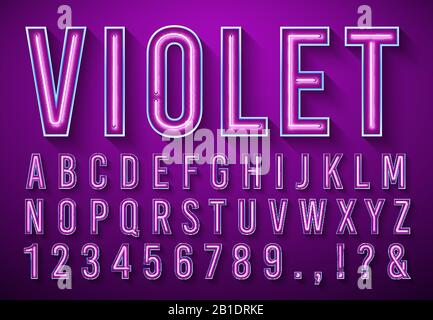 Bright neon letters. Violet glowing font, light box alphabet and neons lights lettering with shadow 3d vector illustration set Stock Vector