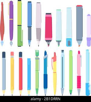 Cartoon pens and pencils. Writing pen, drawing pencil and highlighter marker vector illustration set Stock Vector