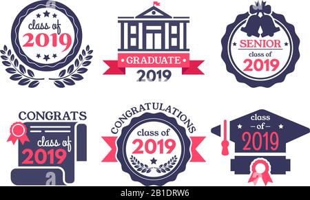 Graduate student badge. Congratulations graduates, graduation day badges and school graduation vector illustration set Stock Vector