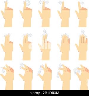 Touch screen gestures. Finger tap, swipe gesture and hand touched smartphone screens. Touch UI cartoon vector icons set Stock Vector