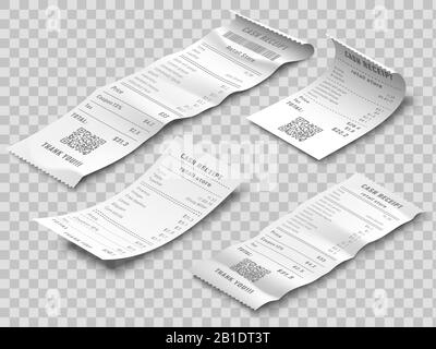 Isometric financial check. Payment checks, thermal printed rolled paper receipt and payments receipts isolated realistic 3d vector set Stock Vector