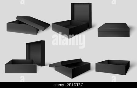 Black packaging box. Open and closed dark boxes, cardboard package mockup template vector illustration set Stock Vector