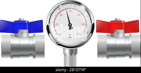 Metal chrome pipe connectors. Water taps with manometer Stock Vector