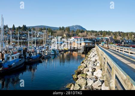 The pier and marina in Gibsons, British Columbia, on the Sunshine Coast of Canada. Stock Photo