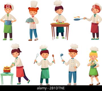 Cartoon children cooks. Little chief cook, child cooking food and young kitchen chiefs vector illustration set Stock Vector