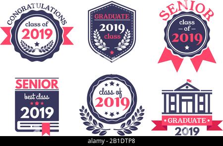 Graduate senior school badge. Graduation day emblem, graduates congratulations badges and education emblems vector illustration set Stock Vector