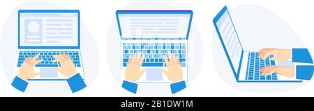 Working on laptop. Hands on computer keyboard, work presentation and computers screen vector illustration set Stock Vector