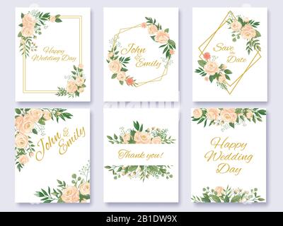 Wedding invitation floral card. Flowers frames, rose flower frame and florals invitations cards template vector illustration set Stock Vector