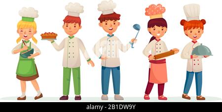 Young chefs. Happy children cooks, kids cooking and baking in chef costume cartoon vector illustration Stock Vector
