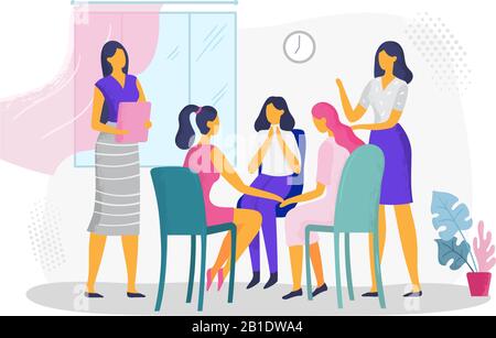 Psychological therapy for women. Female psychotherapeutic support group, domestic family violence problems counseling vector illustration Stock Vector