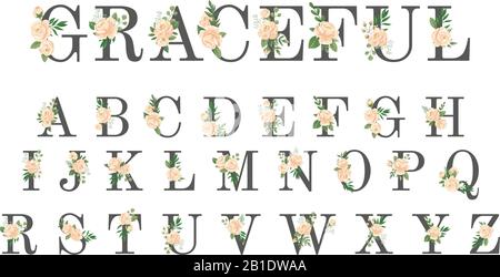 Floral font. Luxury wedding invitation flowers letters, flower stylish alphabet and rose monogram vector illustration set Stock Vector