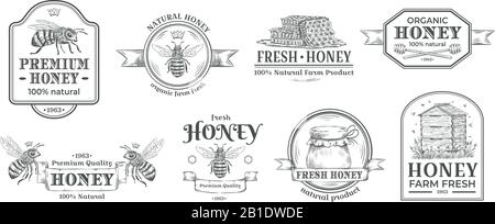 Honey farm badge. Beekeeping logo, retro bee badges and vintage hand drawn mead label vector illustration set Stock Vector