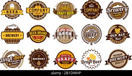 Beer label badges. Retro beers brewery, lager bottle badge and vintage beer emblem isolated vector illustration set Stock Vector
