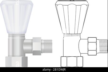 Water tap. Metal 3d model and outline drawing Stock Vector