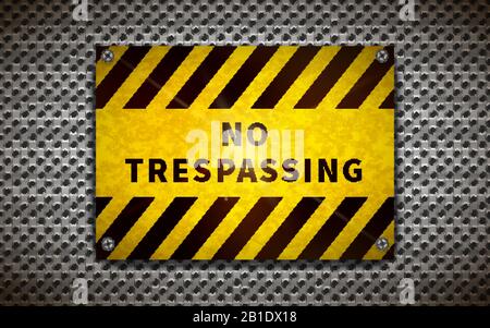 Yellow no trespassing plate on metallic grid, industrial background Stock Vector