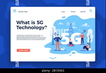 Network 5g landing page. Fast internet, wireless high speed connection and fifth generation networks vector illustration Stock Vector