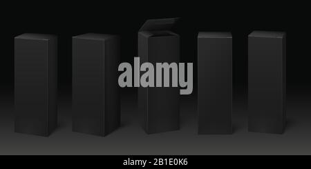 Black cardboard box mockup. Premium packaging boxes, dark package and pack mock up template 3D vector set Stock Vector