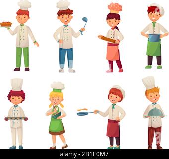 Cartoon cooking children. Little chef cooks food, kid cook and gourmet childrens kitchen chefs vector illustration set Stock Vector