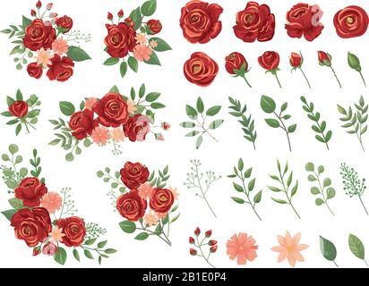 Red floral bouquet. Burgundy rose flower, vintage roses bouquets and spring flowers vector illustration set Stock Vector