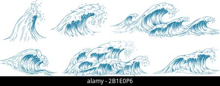 Sea waves sketch. Storm wave, vintage tide and ocean beach storms hand drawn vector illustration set Stock Vector