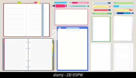 Notebook diary. Open notepad, empty sketchbook with writing pen and drawing pencil vector illustration set Stock Vector