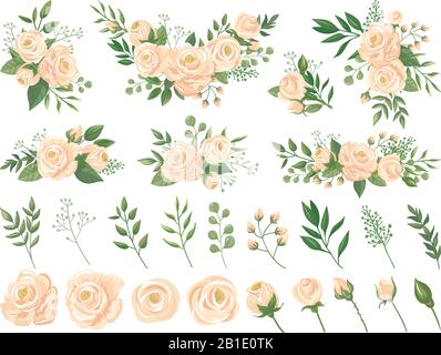 Floral bouquet. Rose flowers, gardening roses bouquets and pastel colors flower buds with petals cartoon vector illustration set Stock Vector