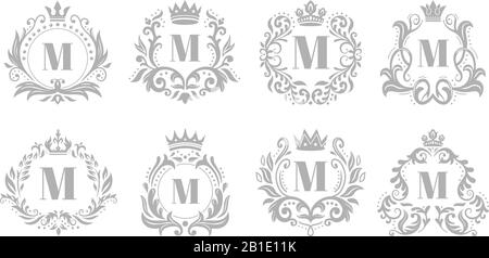 Vintage monogram emblem. Luxury ornate silver logo, heraldic monograms and old king royal crown emblems vector illustration set Stock Vector