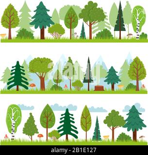 Forest landscapes. Woodland nature trees panorama, forests environment and pine tree vector illustration Stock Vector