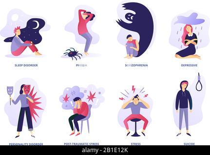 Psychiatric illness. Mental disorder, paranoia feeling and panic problem. Psychic illnesses and disorders vector illustration set Stock Vector