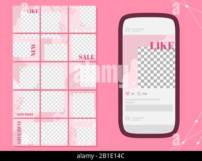 Pink post template. Social media puzzle photo frames posts, flowers poster and gold floral frame grid templates layout vector set Stock Vector