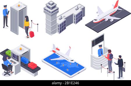 Isometric airport passengers. Tourism flight aircraft, business passenger with travel luggage suitcase vector illustration set Stock Vector