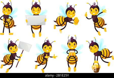 Cartoon bee character. Bees honey, flying cute honeybee and funny yellow bee mascot vector illustration set Stock Vector