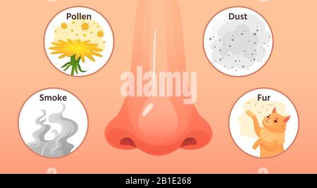 Allergic sickness. Red nose, allergy illnesses symptoms and allergens. Smoke, pollen and dust allergies cartoon vector illustration