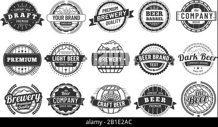 Brewery badge. Draft beer barrel emblem, retro circle badges and quality emblems vintage hipster logo stamps vector set