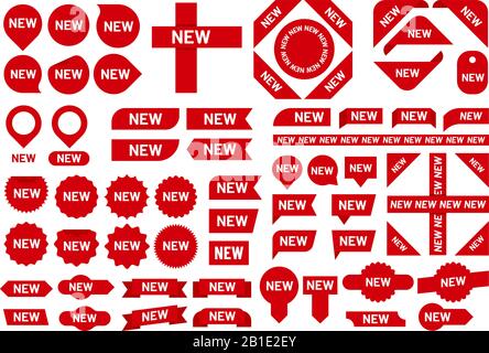 New sticker badge. Newest arrival sale ribbon stickers, red badges and new flag sign vector set Stock Vector