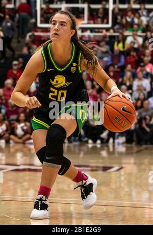 Stanford, CA, USA. 24th Feb, 2020. A. Oregon Ducks guard Sabrina Ionescu (20) drives to the hoop during the NCAA Women's Basketball game between Oregon Ducks and the Stanford Cardinal 74-66 win at Maples Pavilion Stanford, CA. Thurman James /CSM/Alamy Live News Stock Photo