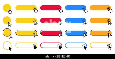 Click button. Cursor pointer clicking on buttons, pointing hand clicks and color web ui buttons vector set Stock Vector