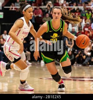 Stanford, CA, USA. 24th Feb, 2020. A. Oregon Ducks guard Sabrina Ionescu (20) goes to the hoop during the NCAA Women's Basketball game between Oregon Ducks and the Stanford Cardinal 74-66 win at Maples Pavilion Stanford, CA. Thurman James /CSM/Alamy Live News Stock Photo