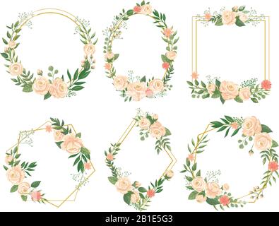 Flowers frame. Flower border frames, round bloom and decorative wedding floral square card vector illustration set Stock Vector