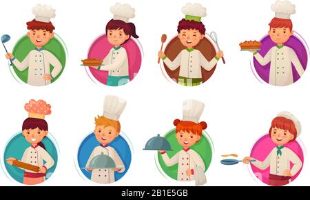 Little kid chef. Children cooking, kids cooks in circle frame and child chefs in round hole cartoon vector illustration set Stock Vector